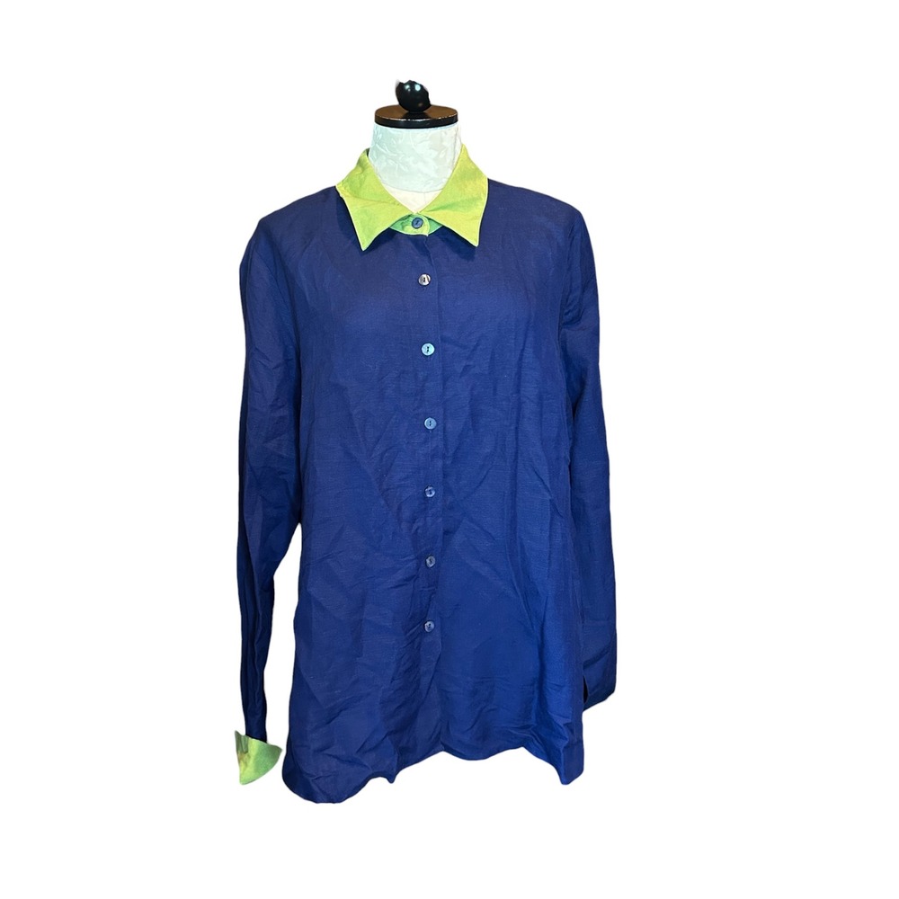 Susan Graver Style Linen Blend Navy Blue Lime Green Colorblock Shirt NWT Sz L